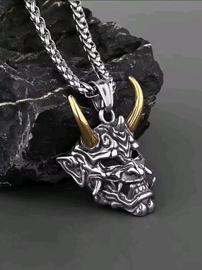 Silver Oni Demon Pendant Necklace with Gold Horns